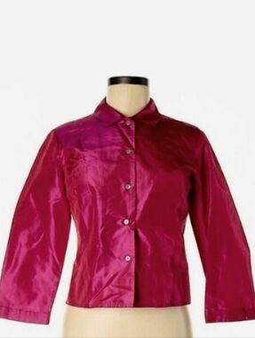 Silk Vintage Ann Taylor Fuchsia Bracelet Sleeve Cropped Shirt Jacket Pink Blouse